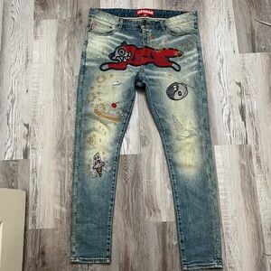 Ice Cream Running Dog Jeans Patchwork Mens Skinny Jeans Size 36 Button Fly